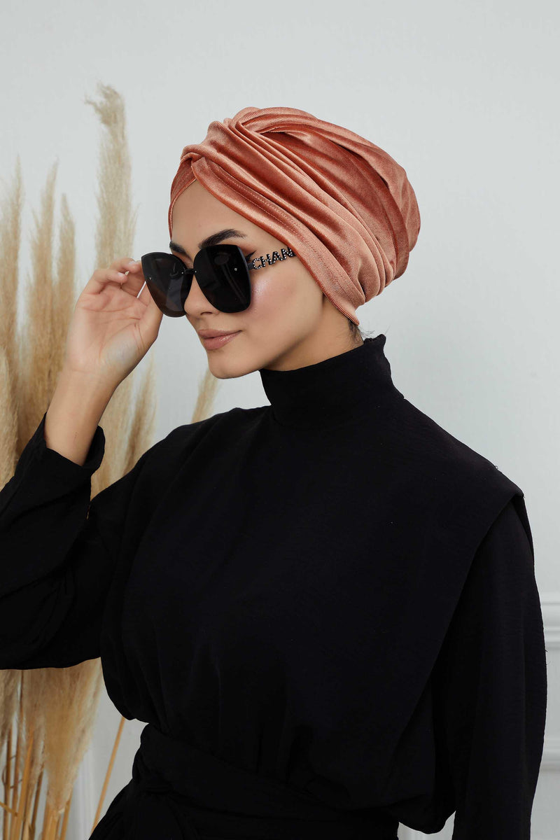 Super Soft Velvet Pre-Tied Turban, Comfortable Lightweight Winter Bonnet Cap for Women, Easy Wrap Women Head Covering, Chemo Cancer Cap,B-9K Salmon