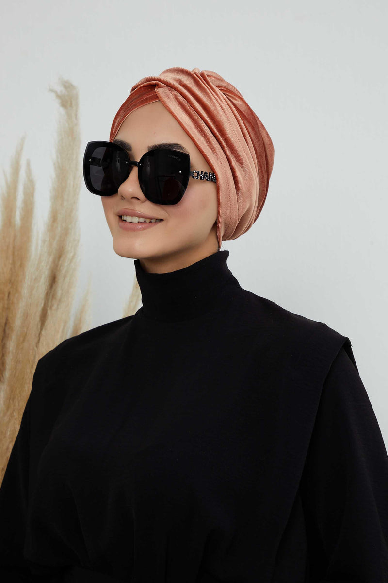 Super Soft Velvet Pre-Tied Turban, Comfortable Lightweight Winter Bonnet Cap for Women, Easy Wrap Women Head Covering, Chemo Cancer Cap,B-9K Salmon