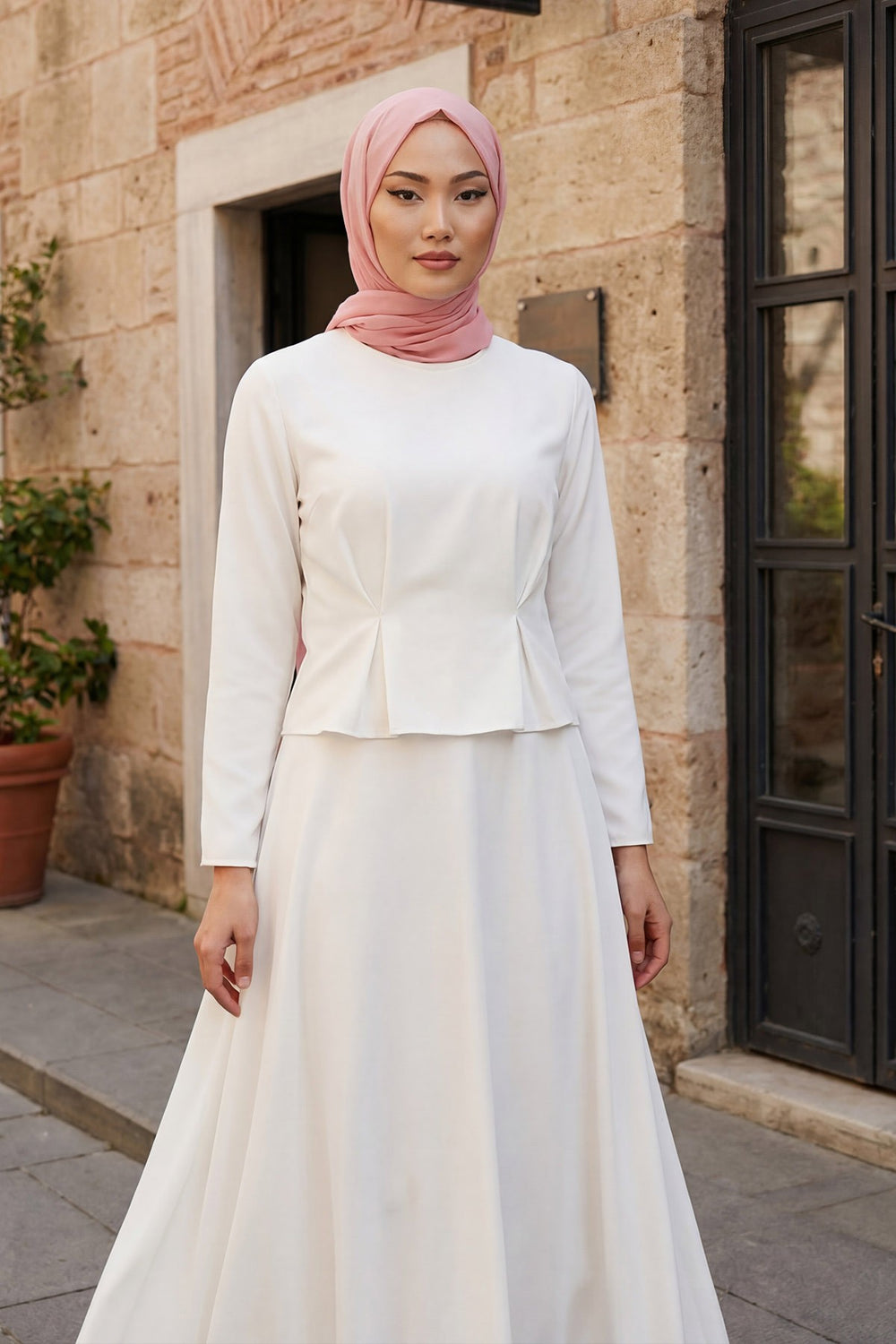 Instant Wear Hijab with Built-In Bonnet, Lightweight Chiffon Headscarf, One Piece Modest Headwear,PS-48 Powder