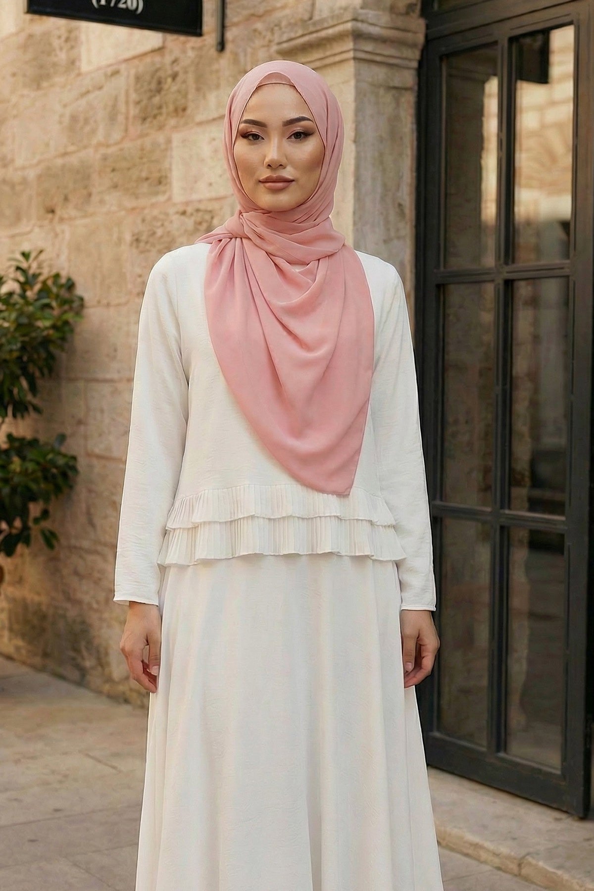 Instant Wear Hijab with Built-In Bonnet, Lightweight Chiffon Headscarf, One Piece Modest Headwear,PS-48 Powder