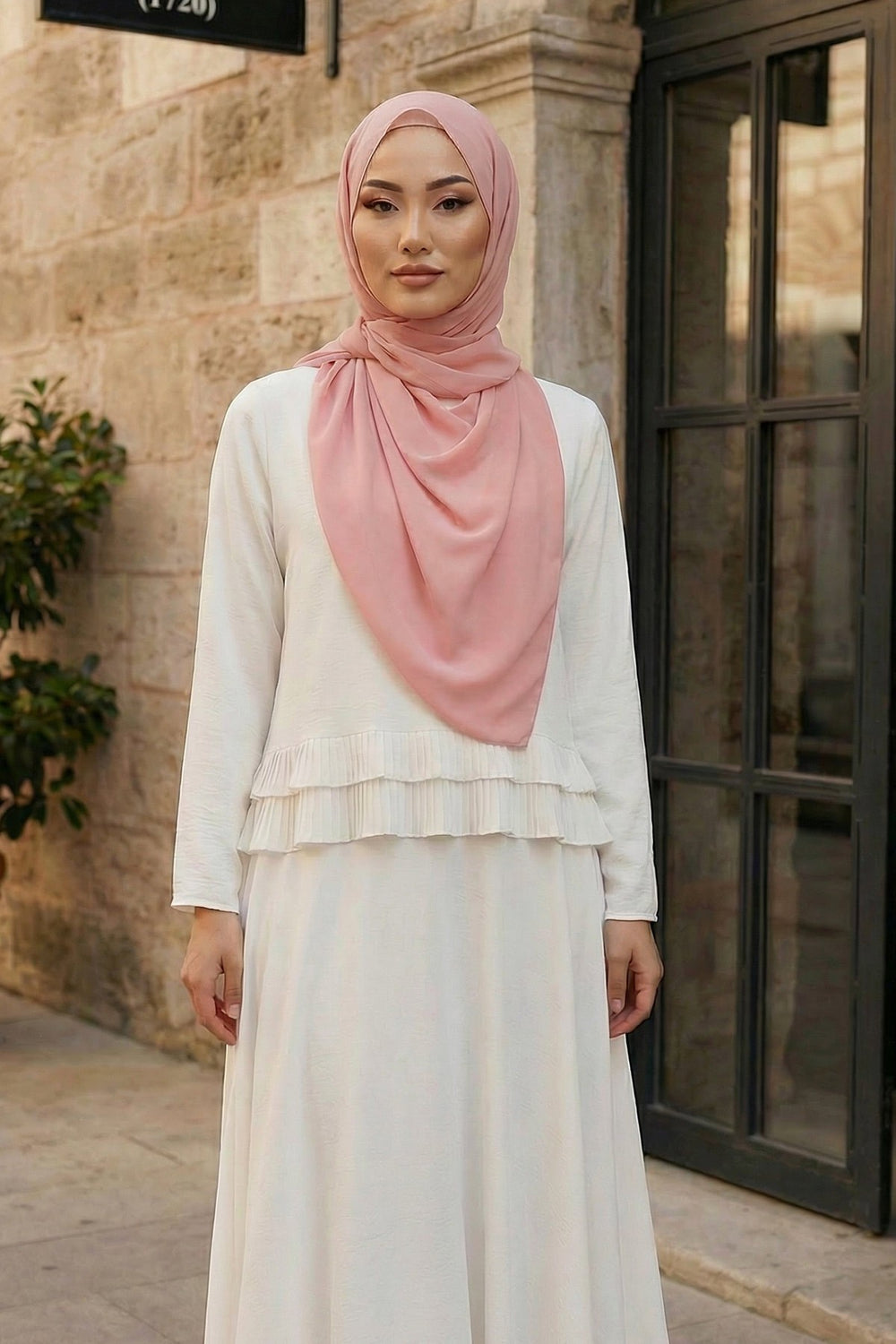 Instant Wear Hijab with Built-In Bonnet, Lightweight Chiffon Headscarf, One Piece Modest Headwear,PS-48 Powder