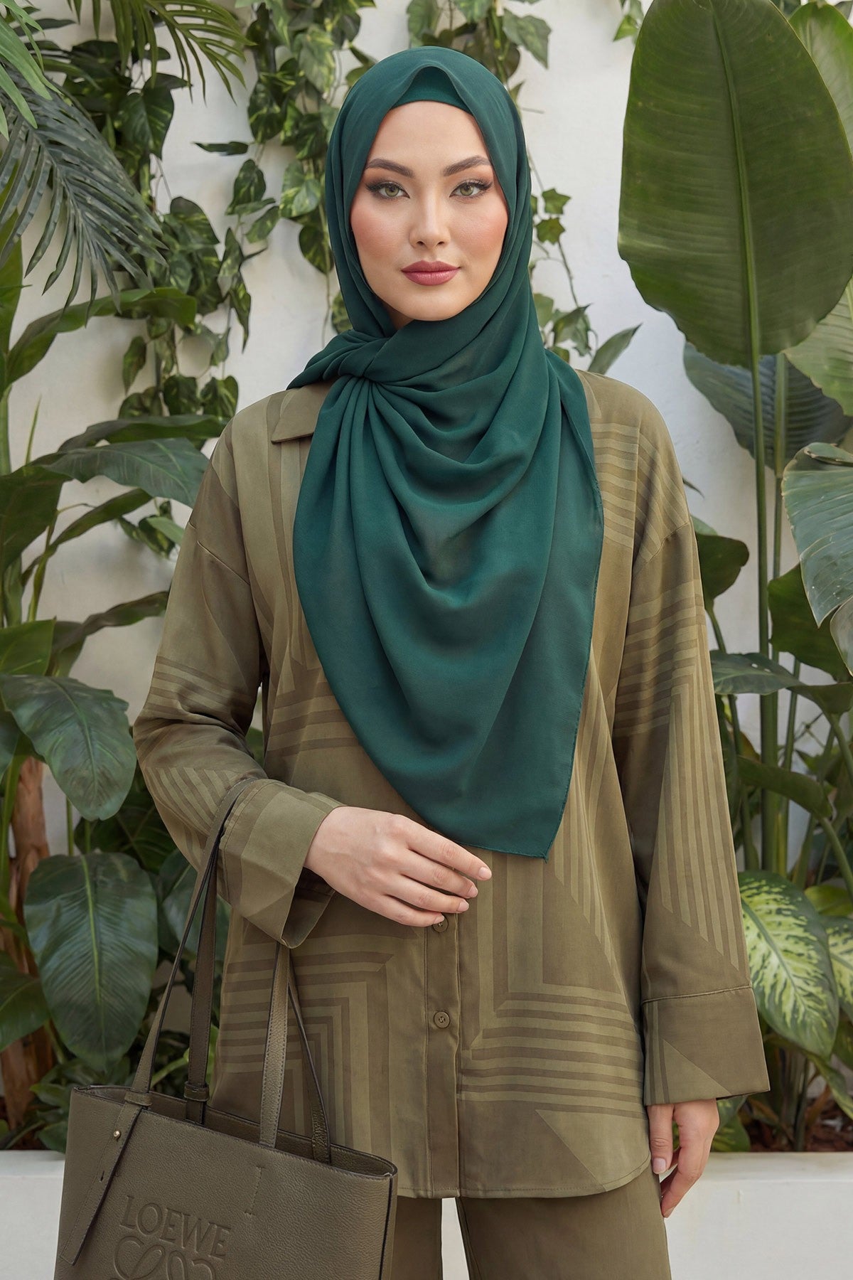 Instant Wear Hijab with Built-In Bonnet, Lightweight Chiffon Headscarf, One Piece Modest Headwear,PS-48 Dark Green