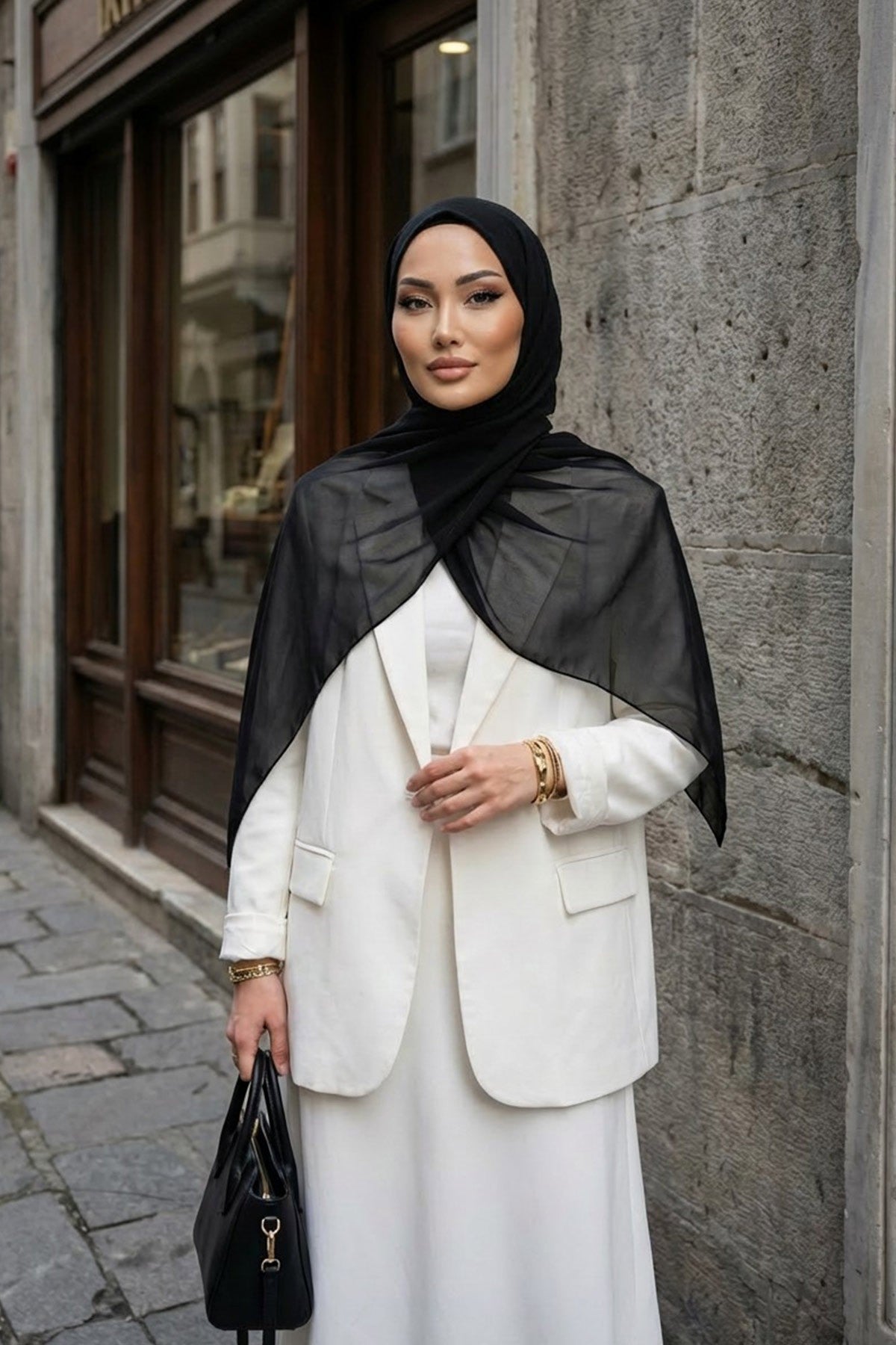 Instant Wear Hijab with Built-In Bonnet, Lightweight Chiffon Headscarf, One Piece Modest Headwear,PS-48 Black