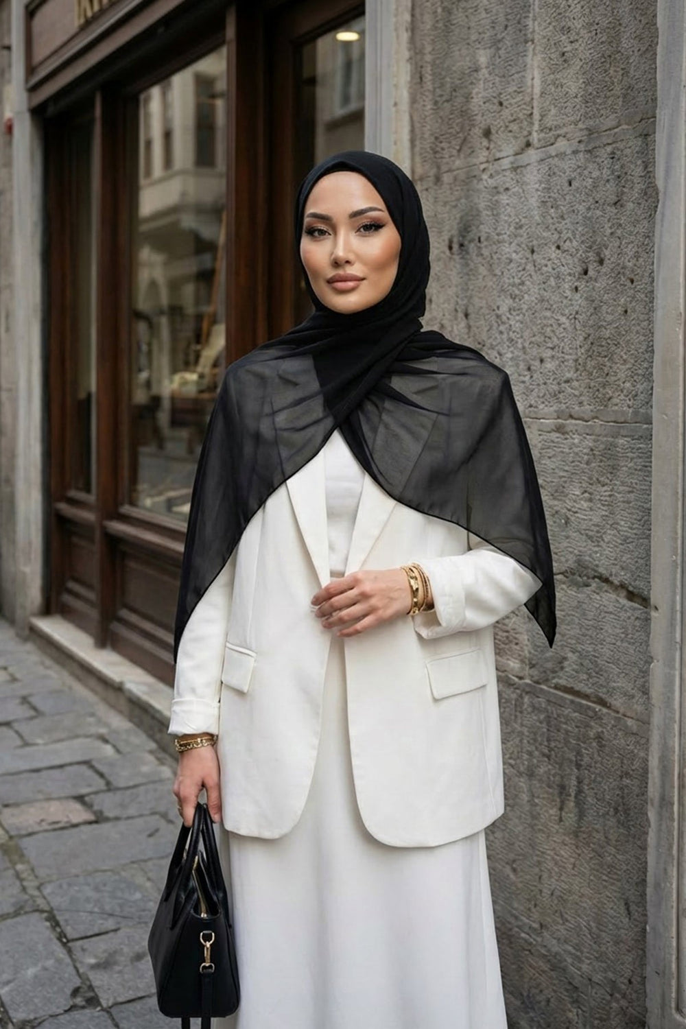 Instant Wear Hijab with Built-In Bonnet, Lightweight Chiffon Headscarf, One Piece Modest Headwear,PS-48 Black