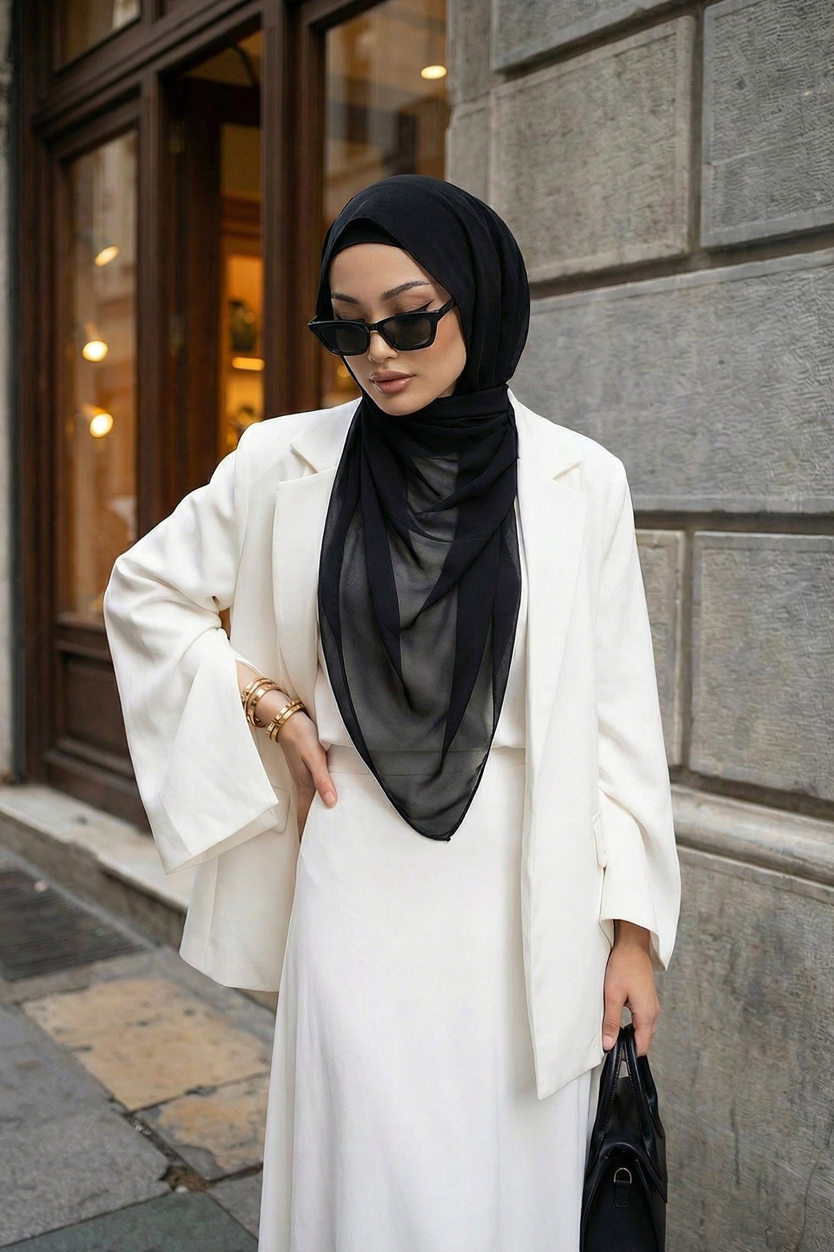 Instant Wear Hijab with Built-In Bonnet, Lightweight Chiffon Headscarf, One Piece Modest Headwear,PS-48 Black
