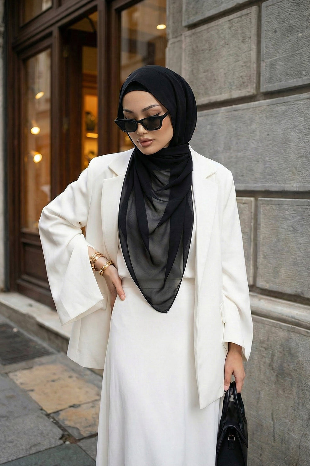 Instant Wear Hijab with Built-In Bonnet, Lightweight Chiffon Headscarf, One Piece Modest Headwear,PS-48 Black