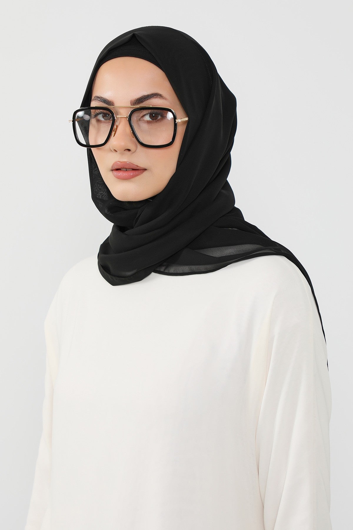 Instant Wear Hijab with Built-In Bonnet, Lightweight Chiffon Headscarf, One Piece Modest Headwear,PS-48 Black