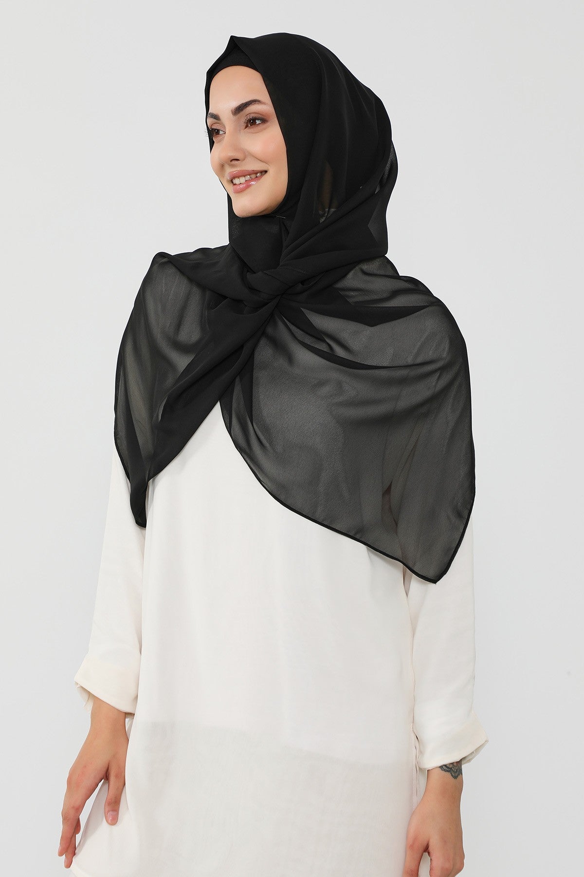 Instant Wear Hijab with Built-In Bonnet, Lightweight Chiffon Headscarf, One Piece Modest Headwear,PS-48 Black