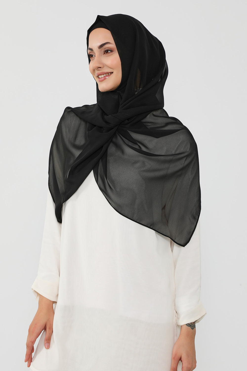 Instant Wear Hijab with Built-In Bonnet, Lightweight Chiffon Headscarf, One Piece Modest Headwear,PS-48 Black