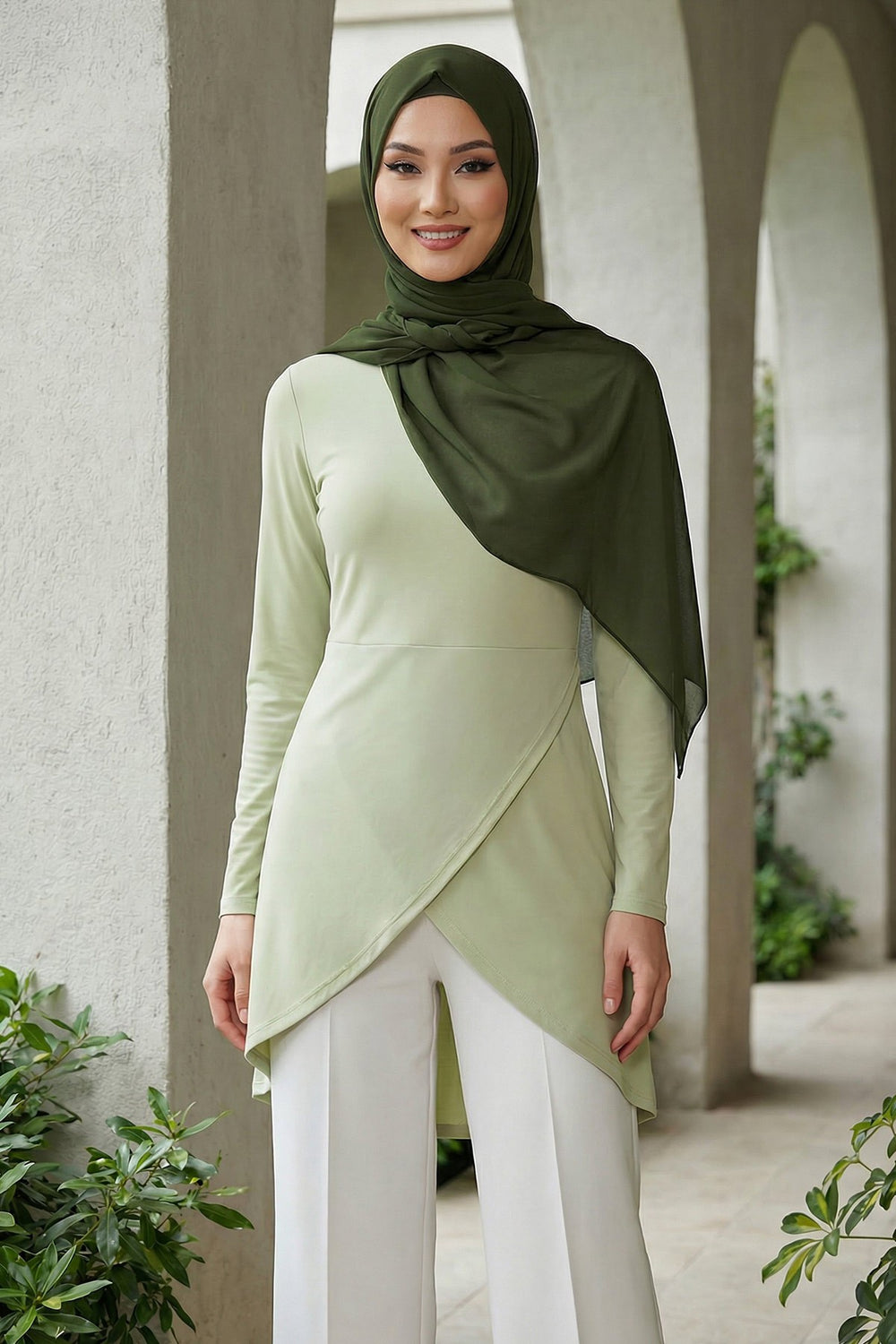 Instant Wear Hijab with Built-In Bonnet, Lightweight Chiffon Headscarf, One Piece Modest Headwear,PS-48 Army Green