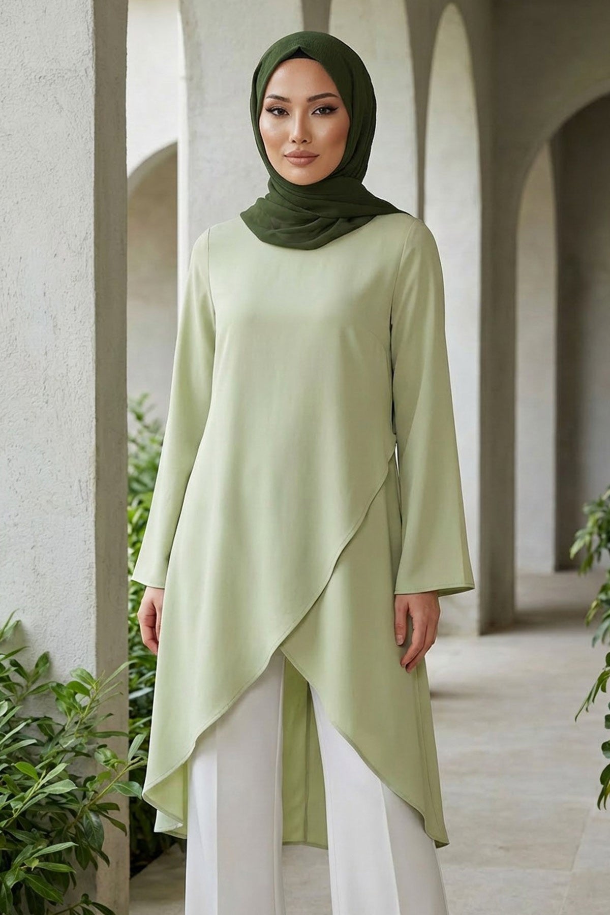 Instant Wear Hijab with Built-In Bonnet, Lightweight Chiffon Headscarf, One Piece Modest Headwear,PS-48 Army Green