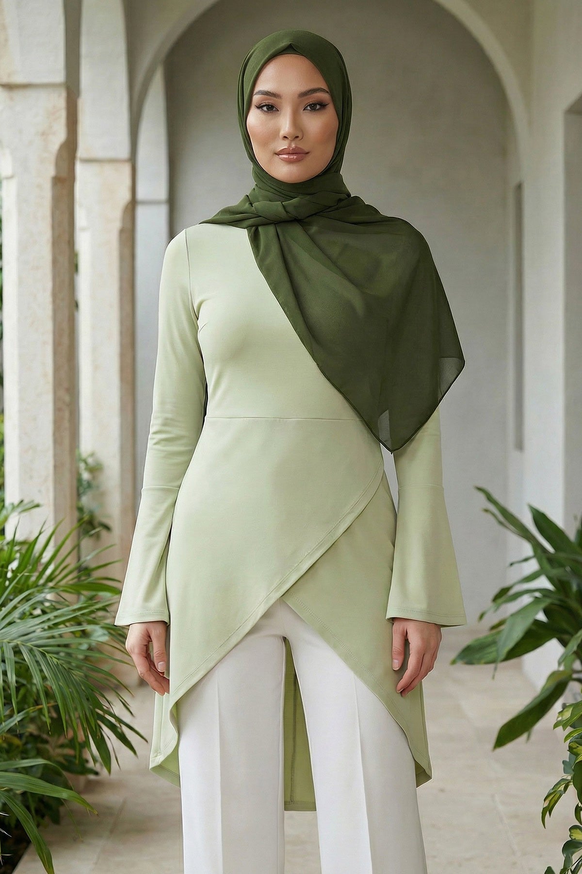 Instant Wear Hijab with Built-In Bonnet, Lightweight Chiffon Headscarf, One Piece Modest Headwear,PS-48 Army Green