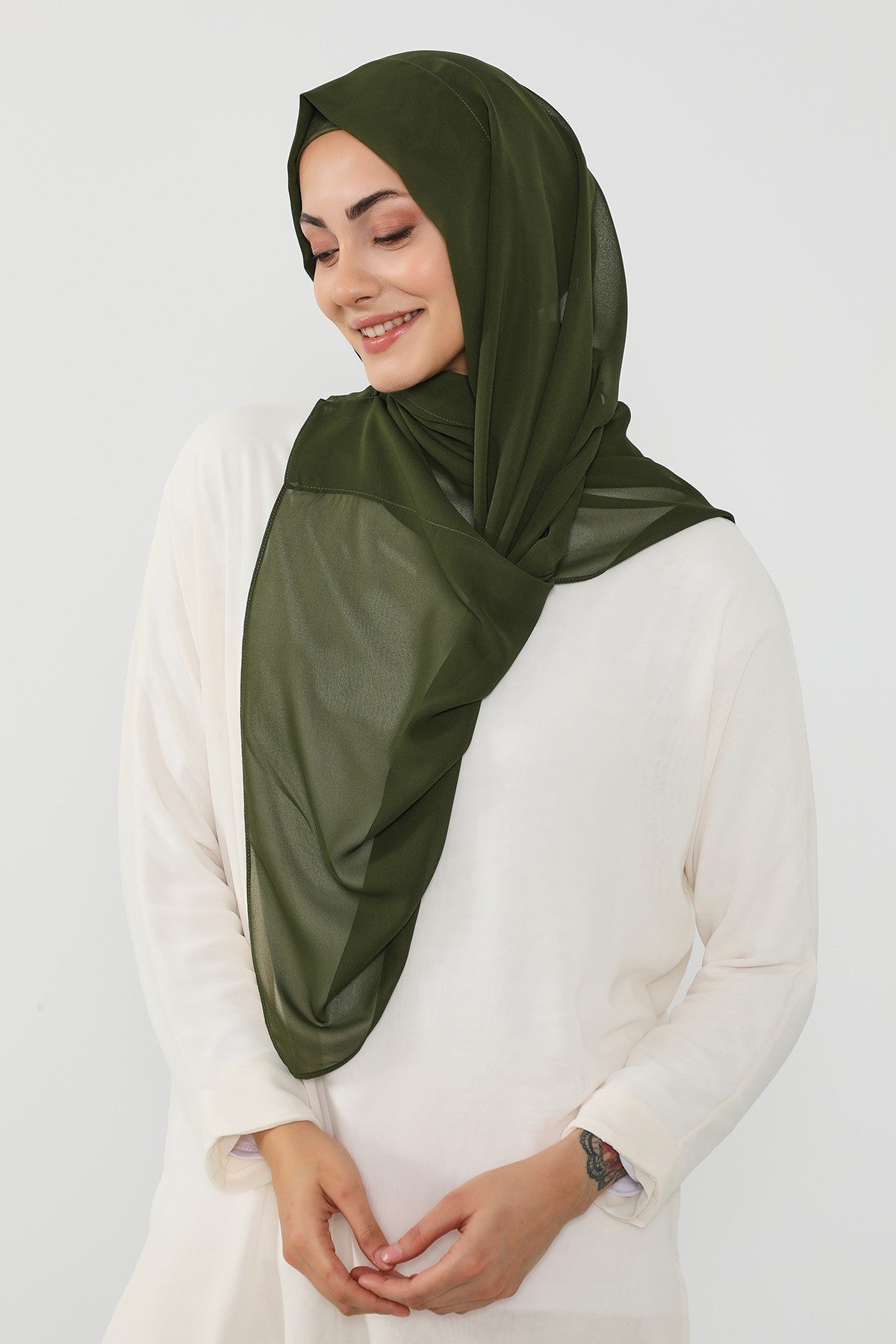 Instant Wear Hijab with Built-In Bonnet, Lightweight Chiffon Headscarf, One Piece Modest Headwear,PS-48 Army Green