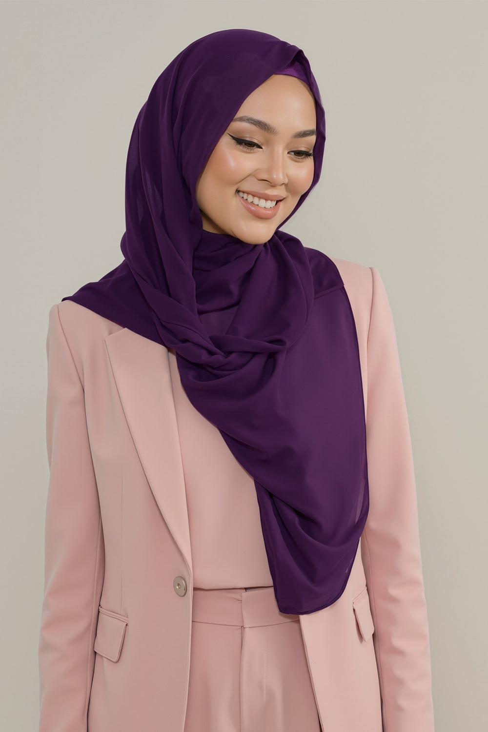 Instant Wear Hijab with Built-In Bonnet, Lightweight Chiffon Headscarf, One Piece Modest Headwear,PS-48 Purple