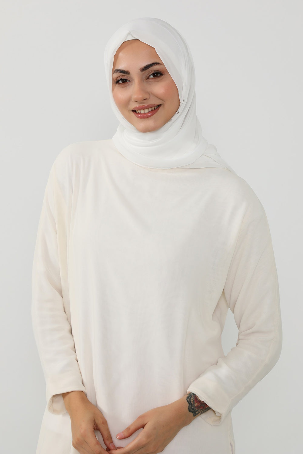 Instant Wear Hijab with Built-In Bonnet, Lightweight Chiffon Headscarf, One Piece Modest Headwear,PS-48 Ivory