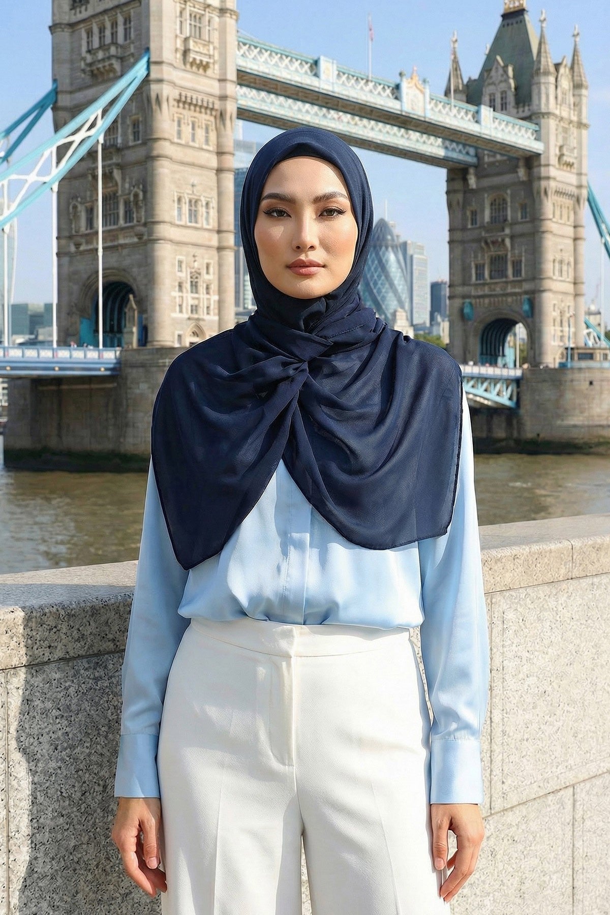 Instant Wear Hijab with Built-In Bonnet, Lightweight Chiffon Headscarf, One Piece Modest Headwear,PS-48 Navy Blue