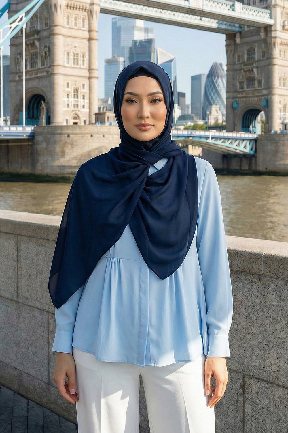 Instant Wear Hijab with Built-In Bonnet, Lightweight Chiffon Headscarf, One Piece Modest Headwear,PS-48 Navy Blue