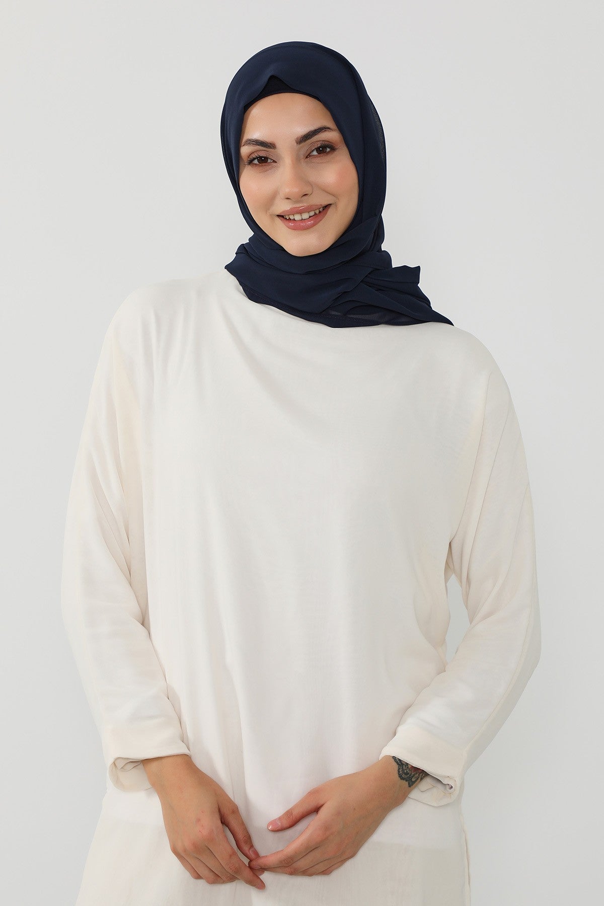 Instant Wear Hijab with Built-In Bonnet, Lightweight Chiffon Headscarf, One Piece Modest Headwear,PS-48 Navy Blue