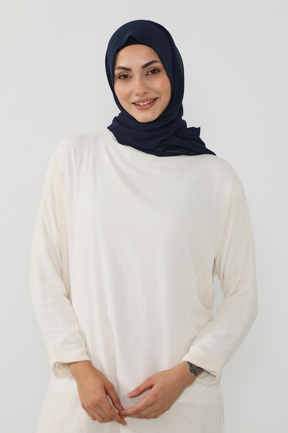 Instant Wear Hijab with Built-In Bonnet, Lightweight Chiffon Headscarf, One Piece Modest Headwear,PS-48 Navy Blue