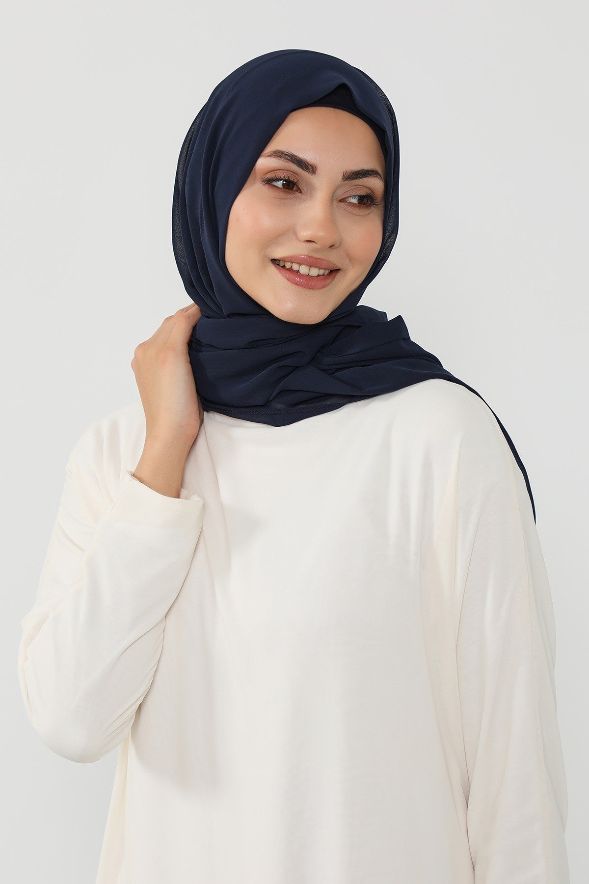 Instant Wear Hijab with Built-In Bonnet, Lightweight Chiffon Headscarf, One Piece Modest Headwear,PS-48 Navy Blue