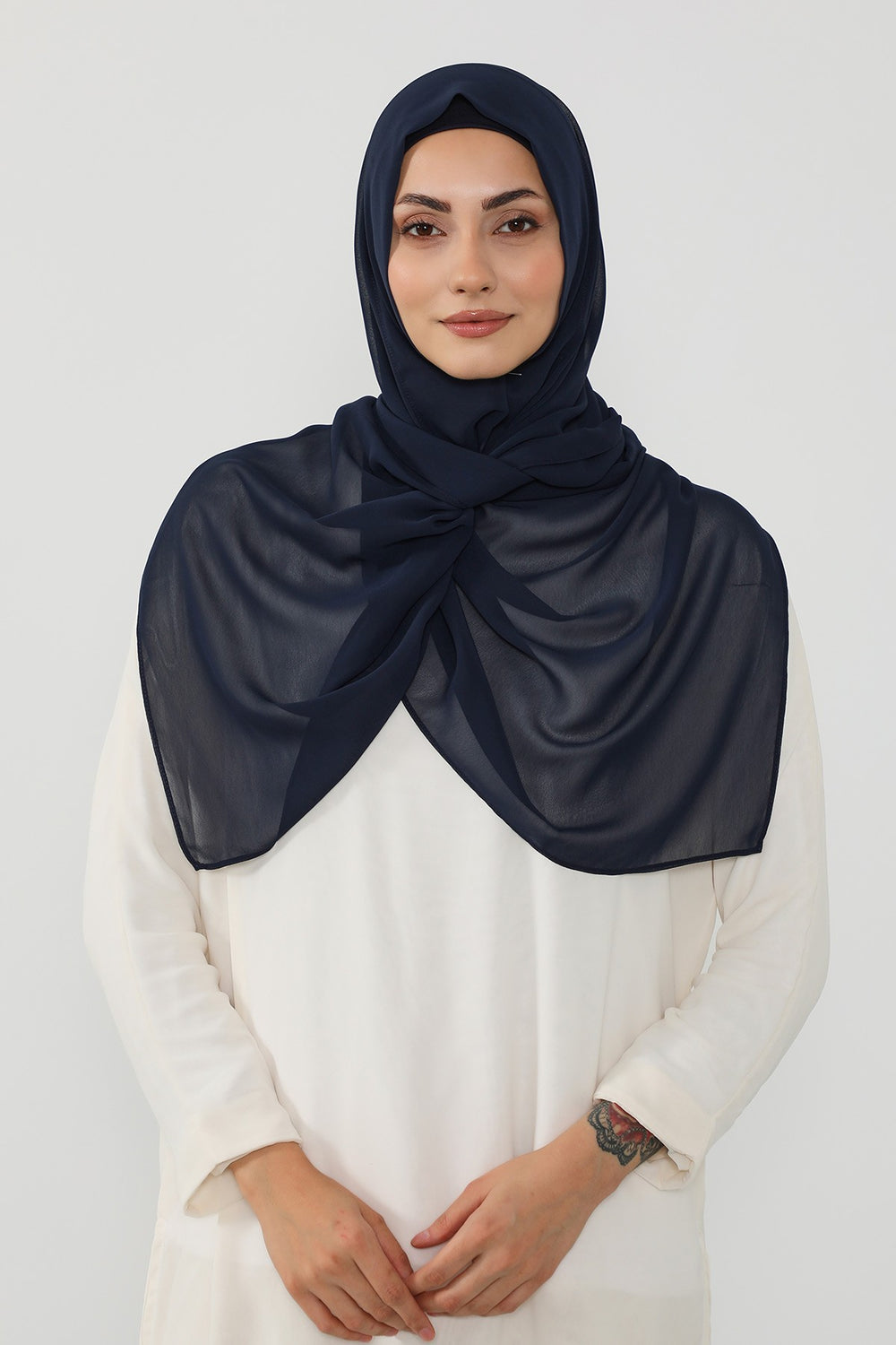 Instant Wear Hijab with Built-In Bonnet, Lightweight Chiffon Headscarf, One Piece Modest Headwear,PS-48 Navy Blue