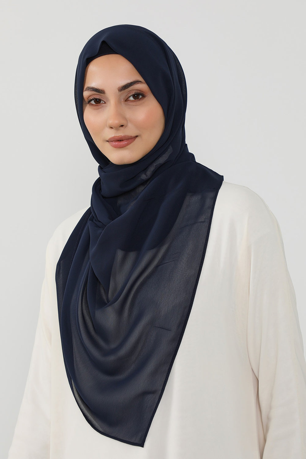 Instant Wear Hijab with Built-In Bonnet, Lightweight Chiffon Headscarf, One Piece Modest Headwear,PS-48 Navy Blue