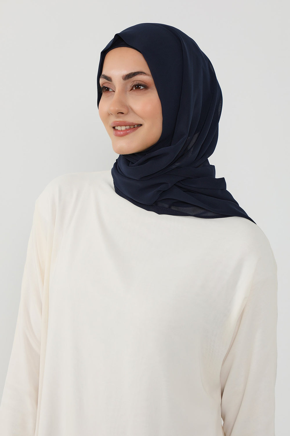 Instant Wear Hijab with Built-In Bonnet, Lightweight Chiffon Headscarf, One Piece Modest Headwear,PS-48 Navy Blue