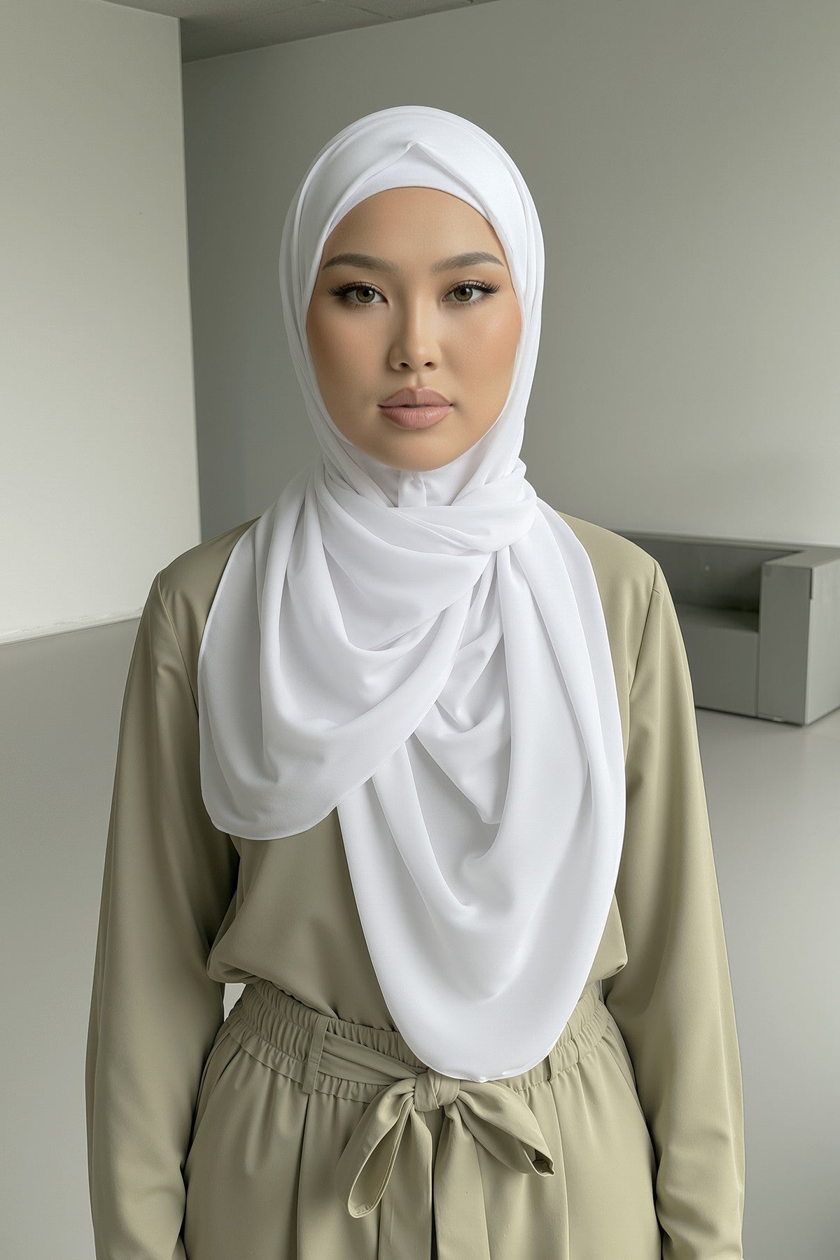 Instant Wear Hijab with Built-In Bonnet, Lightweight Chiffon Headscarf, One Piece Modest Headwear,PS-48 White