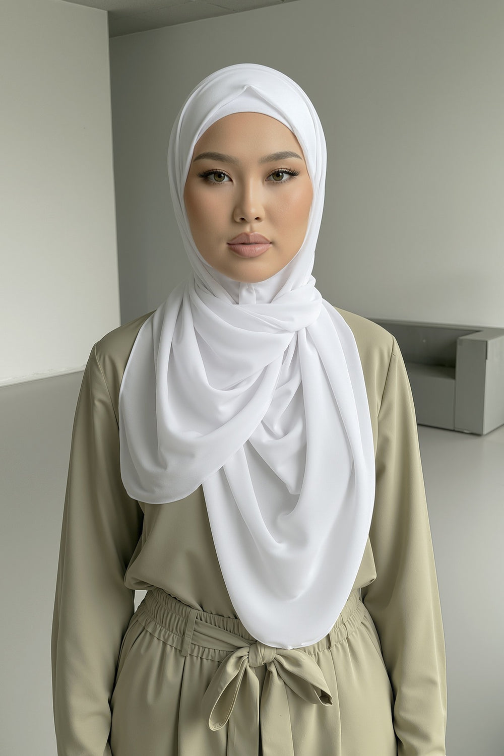 Instant Wear Hijab with Built-In Bonnet, Lightweight Chiffon Headscarf, One Piece Modest Headwear,PS-48 White