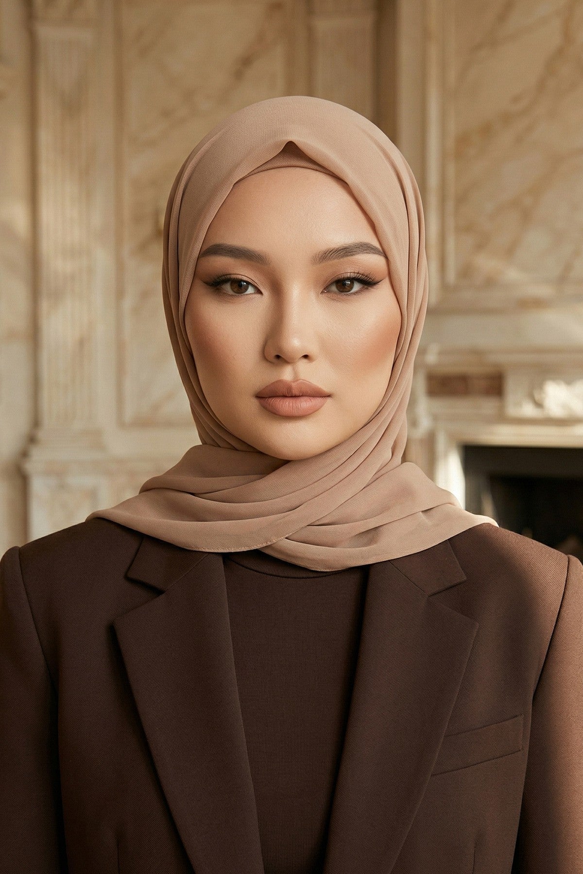 Instant Wear Hijab with Built-In Bonnet, Lightweight Chiffon Headscarf, One Piece Modest Headwear,PS-48 Sand Brown