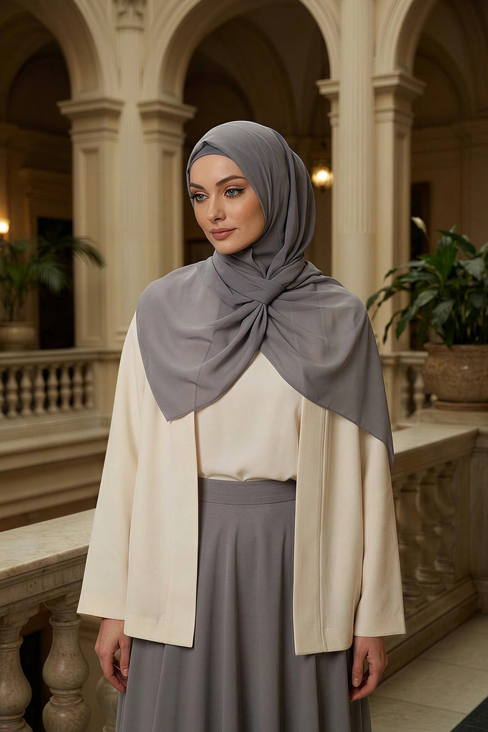 Instant Wear Hijab with Built-In Bonnet, Lightweight Chiffon Headscarf, One Piece Modest Headwear,PS-48 Grey