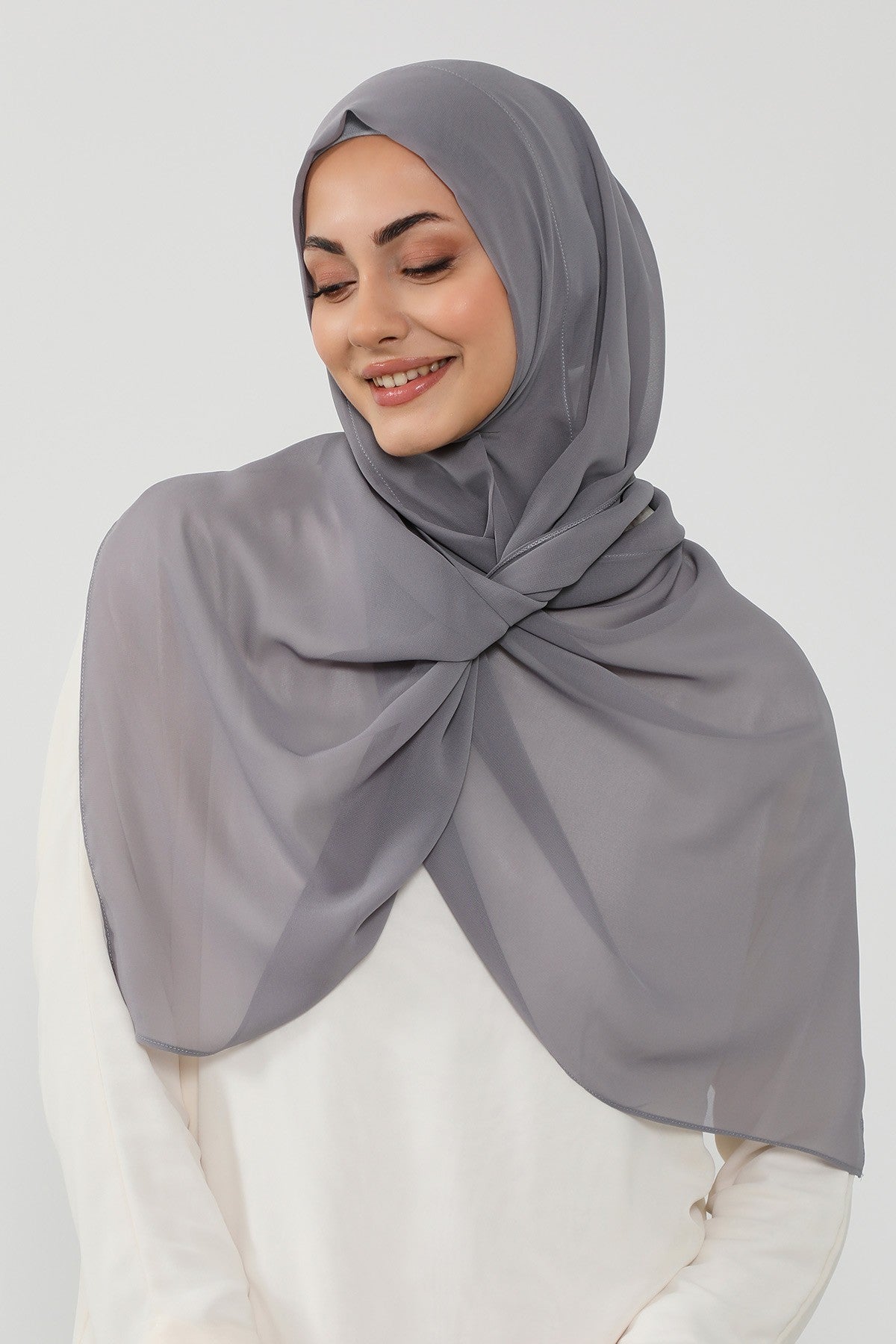 Instant Wear Hijab with Built-In Bonnet, Lightweight Chiffon Headscarf, One Piece Modest Headwear,PS-48 Grey
