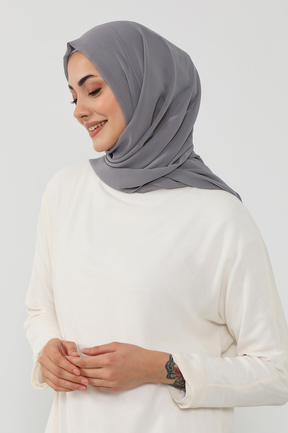 Instant Wear Hijab with Built-In Bonnet, Lightweight Chiffon Headscarf, One Piece Modest Headwear,PS-48 Grey