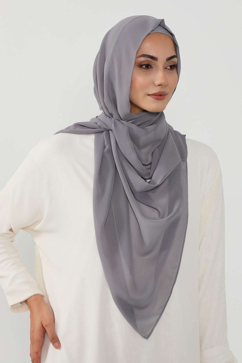 Instant Wear Hijab with Built-In Bonnet, Lightweight Chiffon Headscarf, One Piece Modest Headwear,PS-48 Grey