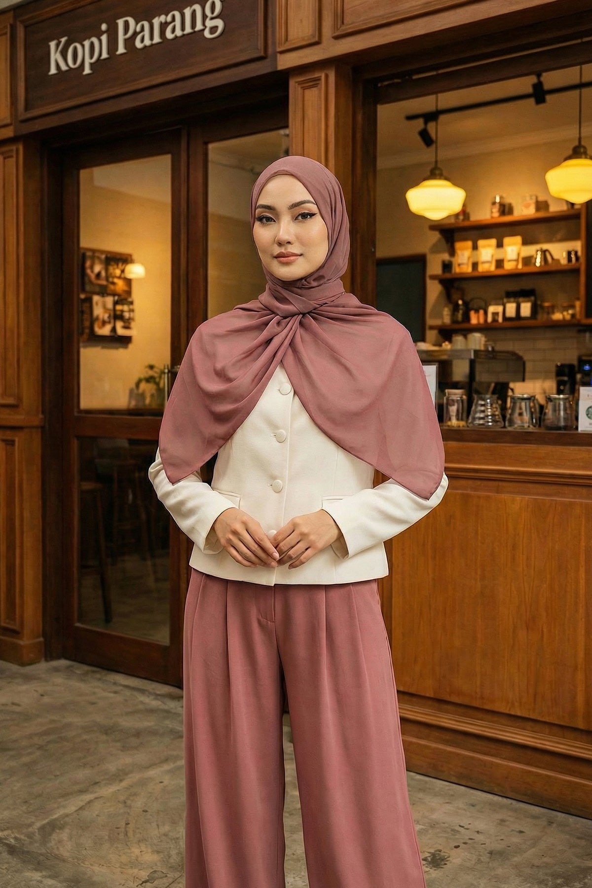 Instant Wear Hijab with Built-In Bonnet, Lightweight Chiffon Headscarf, One Piece Modest Headwear,PS-48 Dusty Rose
