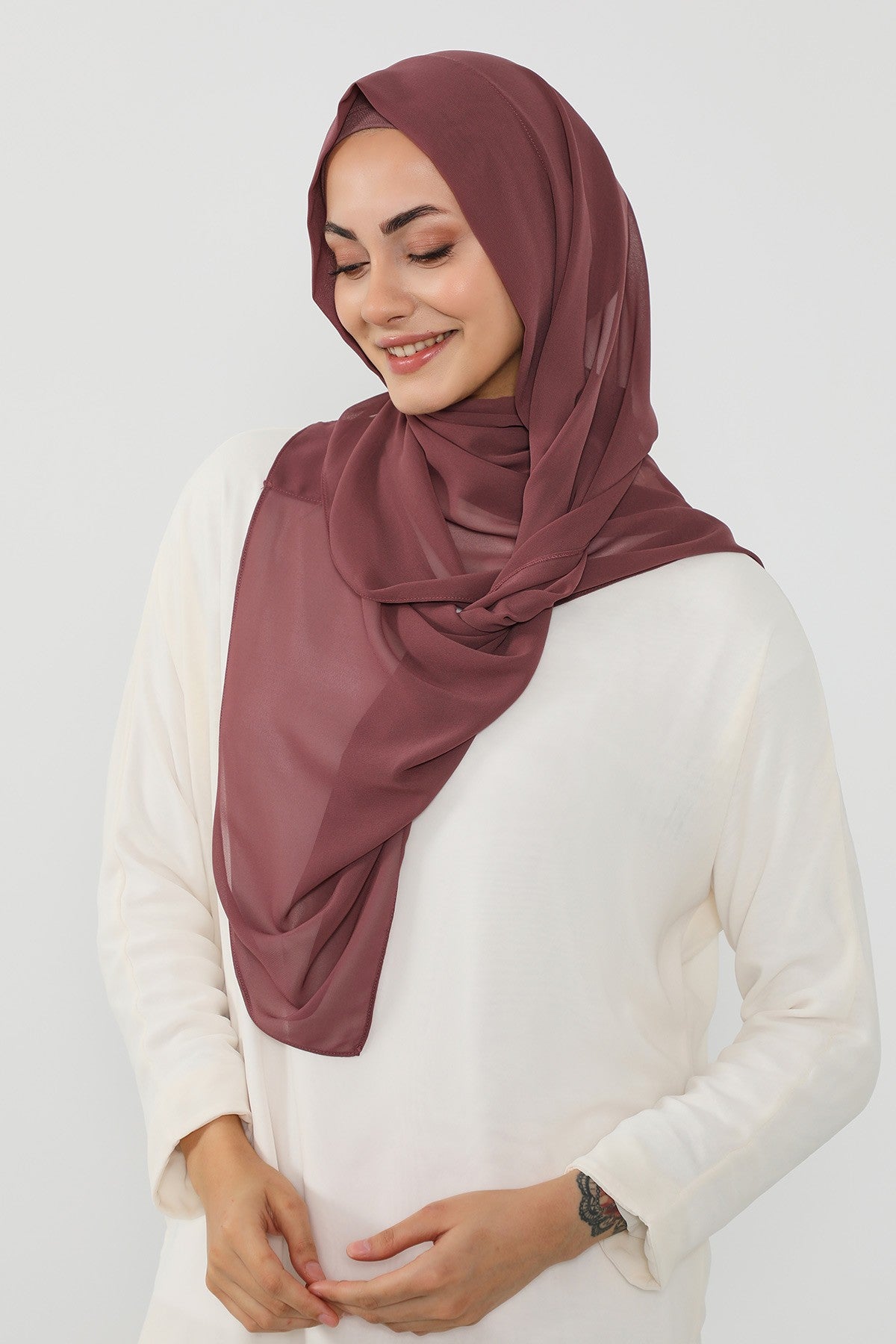 Instant Wear Hijab with Built-In Bonnet, Lightweight Chiffon Headscarf, One Piece Modest Headwear,PS-48 Dusty Rose