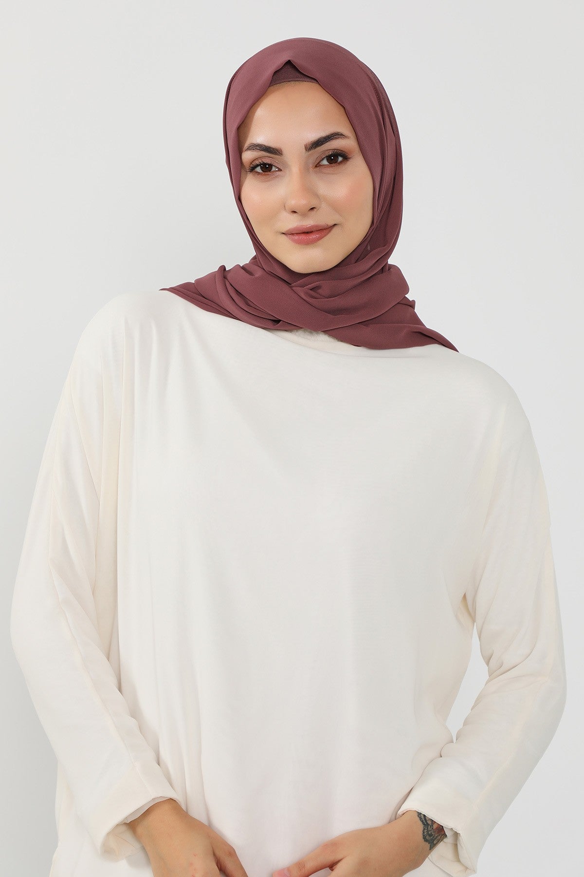 Instant Wear Hijab with Built-In Bonnet, Lightweight Chiffon Headscarf, One Piece Modest Headwear,PS-48 Dusty Rose
