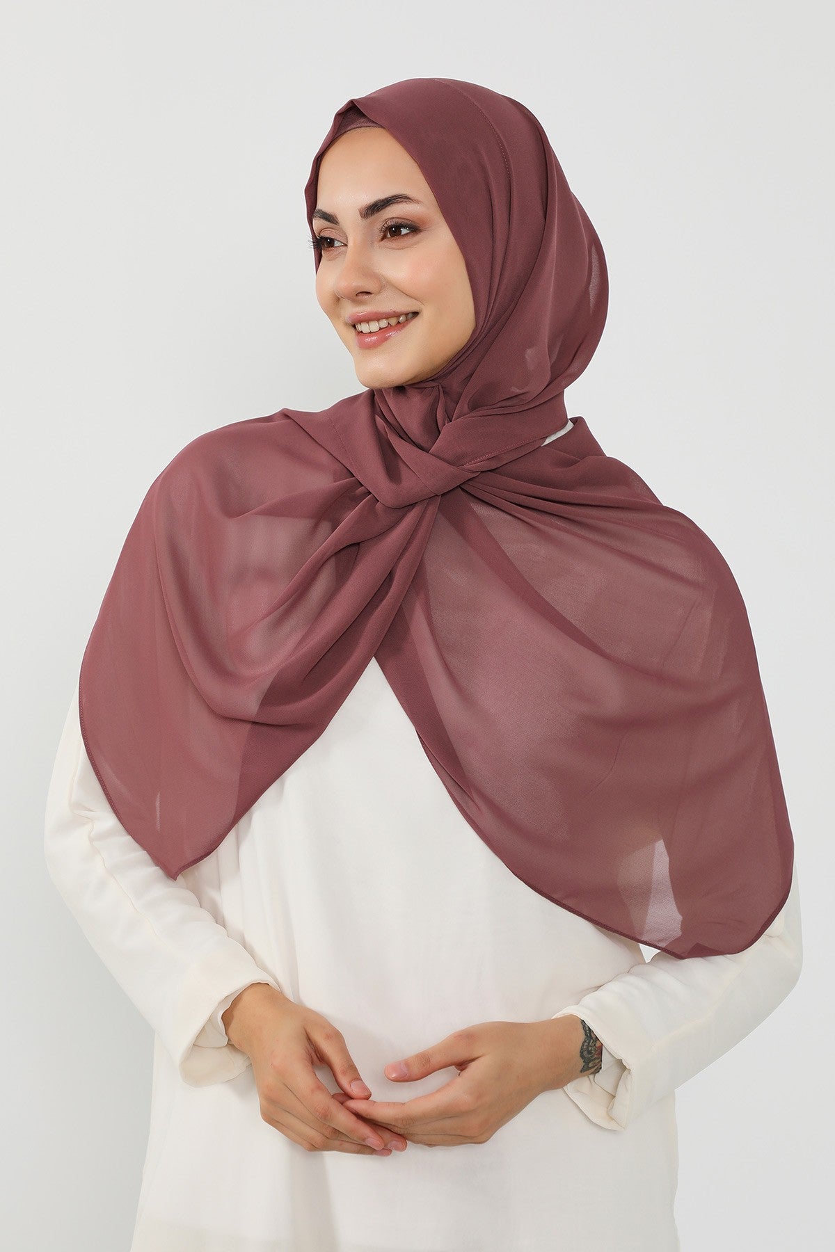Instant Wear Hijab with Built-In Bonnet, Lightweight Chiffon Headscarf, One Piece Modest Headwear,PS-48 Dusty Rose