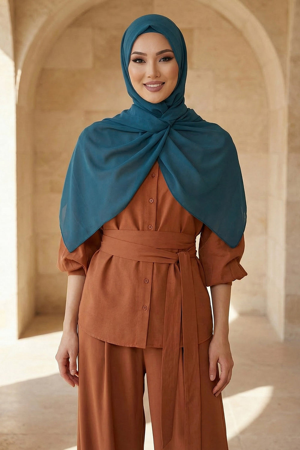 Instant Wear Hijab with Built-In Bonnet, Lightweight Chiffon Headscarf, One Piece Modest Headwear,PS-48 Petrol Blue