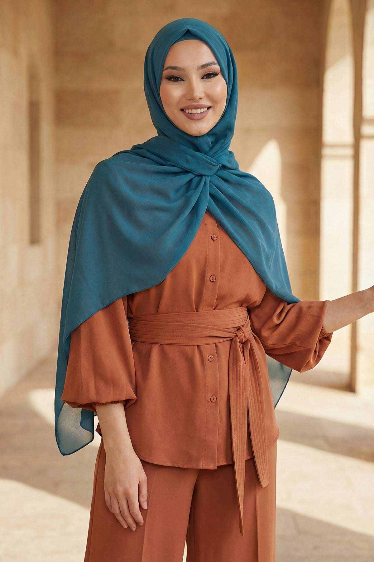 Instant Wear Hijab with Built-In Bonnet, Lightweight Chiffon Headscarf, One Piece Modest Headwear,PS-48 Petrol Blue