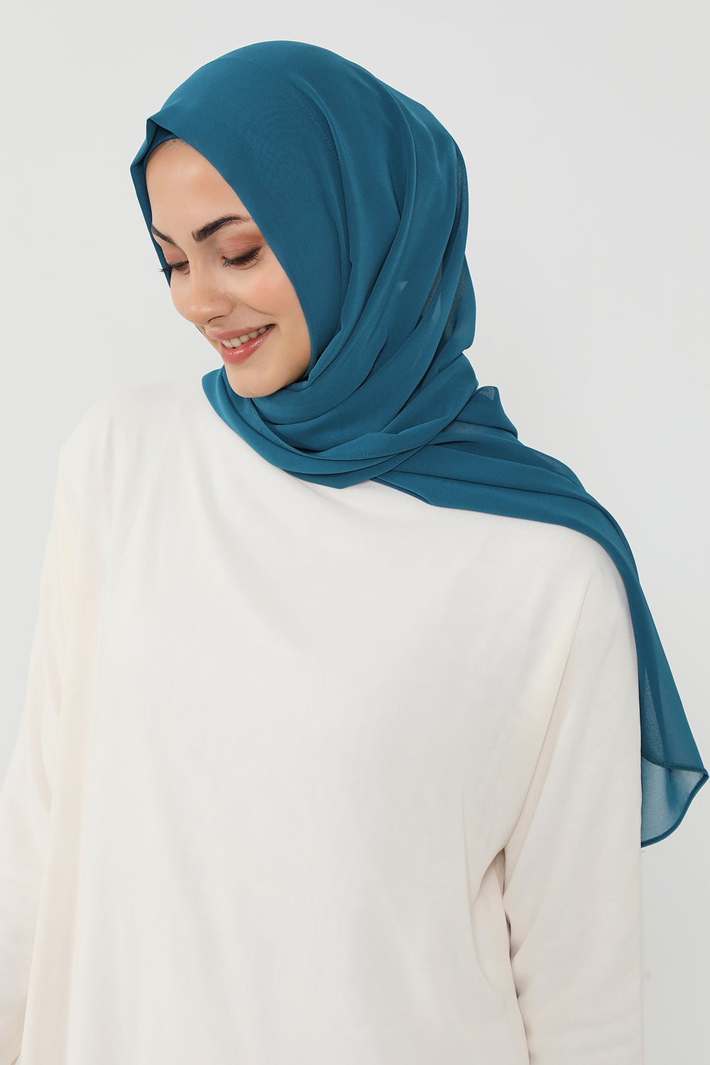 Instant Wear Hijab with Built-In Bonnet, Lightweight Chiffon Headscarf, One Piece Modest Headwear,PS-48 Petrol Blue