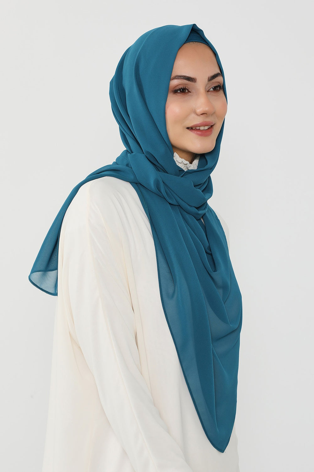 Instant Wear Hijab with Built-In Bonnet, Lightweight Chiffon Headscarf, One Piece Modest Headwear,PS-48 Petrol Blue