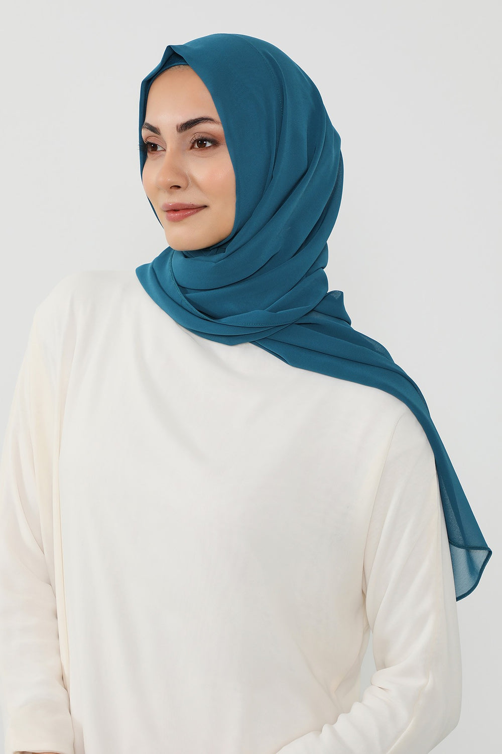 Instant Wear Hijab with Built-In Bonnet, Lightweight Chiffon Headscarf, One Piece Modest Headwear,PS-48 Petrol Blue