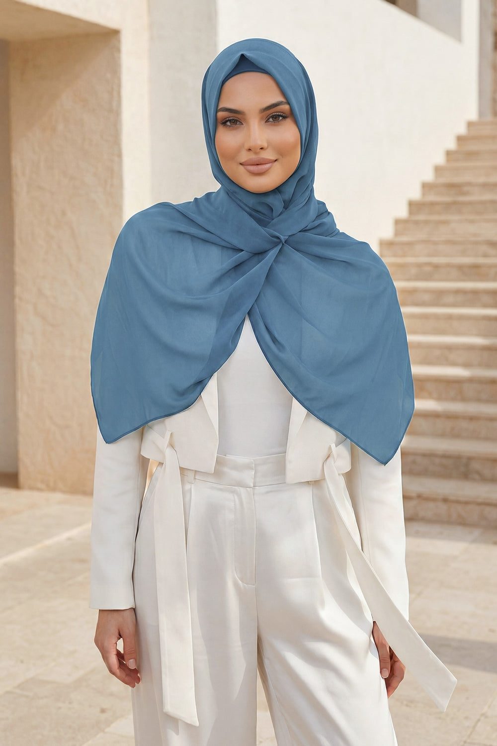 Instant Wear Hijab with Built-In Bonnet, Lightweight Chiffon Headscarf, One Piece Modest Headwear,PS-48 İndigo