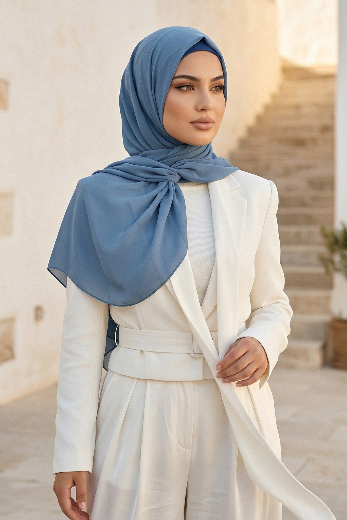 Instant Wear Hijab with Built-In Bonnet, Lightweight Chiffon Headscarf, One Piece Modest Headwear,PS-48 İndigo