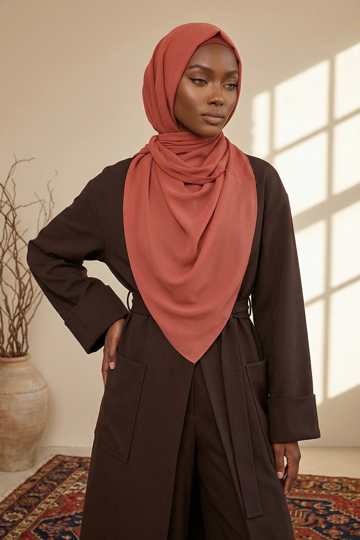 Instant Wear Hijab with Built-In Bonnet, Lightweight Chiffon Headscarf, One Piece Modest Headwear,PS-48 Cinnamon