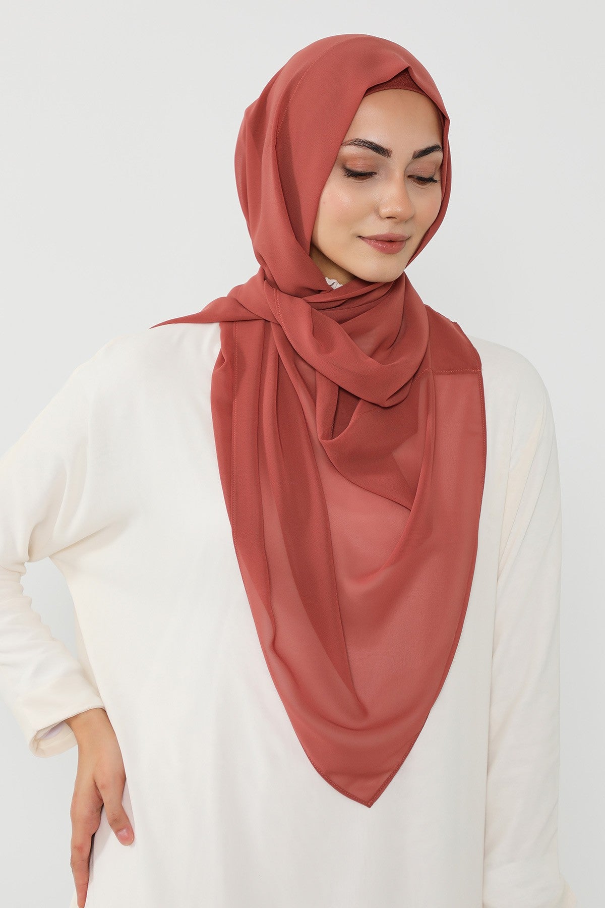 Instant Wear Hijab with Built-In Bonnet, Lightweight Chiffon Headscarf, One Piece Modest Headwear,PS-48 Cinnamon