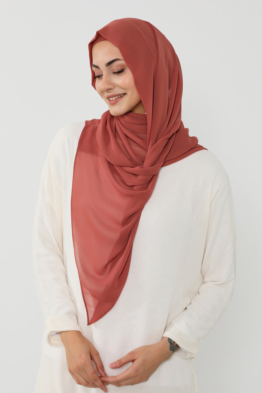 Instant Wear Hijab with Built-In Bonnet, Lightweight Chiffon Headscarf, One Piece Modest Headwear,PS-48 Cinnamon
