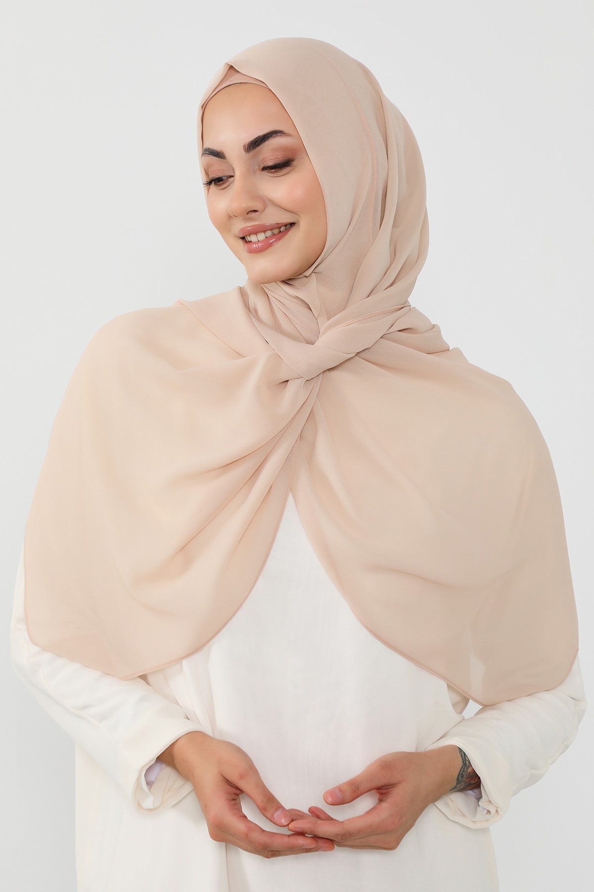 Instant Wear Hijab with Built-In Bonnet, Lightweight Chiffon Headscarf, One Piece Modest Headwear,PS-48 Light Mink