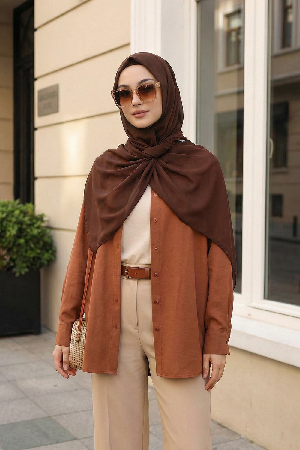 Instant Wear Hijab with Built-In Bonnet, Lightweight Chiffon Headscarf, One Piece Modest Headwear,PS-48 Brown